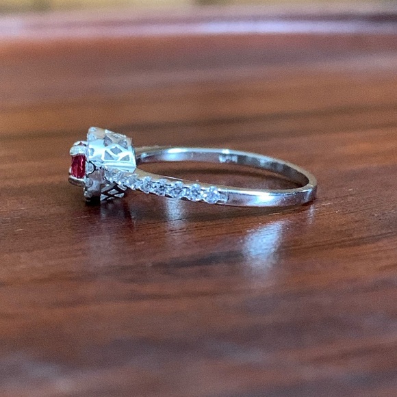 Dainty Sterling Silver Halo Red CZ Ring - Picture 2 of 7